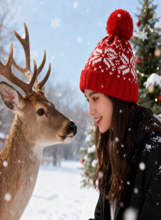 Mawjom Women Winter Knitted Cap Beanie Soft Warm Hat with Red Snowflake - Image 2
